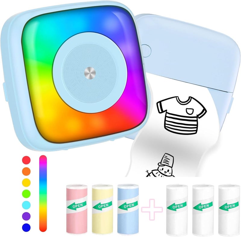 LBT Sticker Printer Print Pod with 6 Rolls Sticker Paper, Seven Color Lighting Modes for DIY Scrapbook, Travel, Notes, Label, Memo, Compatible with iOS&Android - Image 1